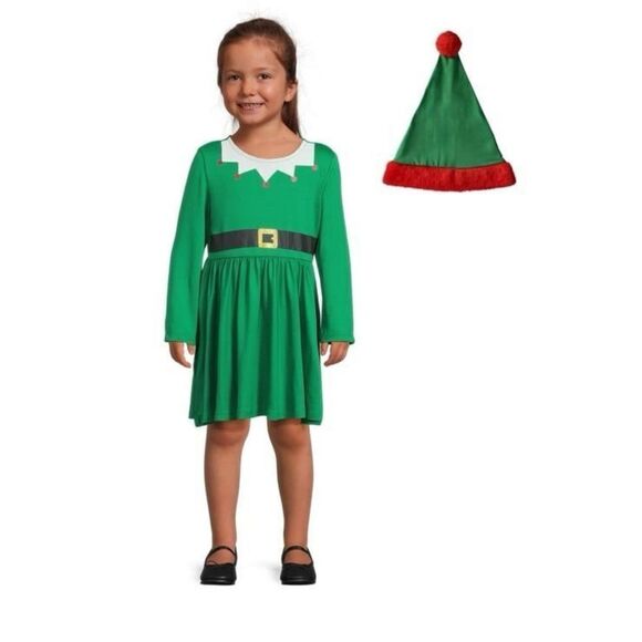 Holiday Toddler Girls Elf Dress with Hat, 2-Piece, - Picture 1 of 8
